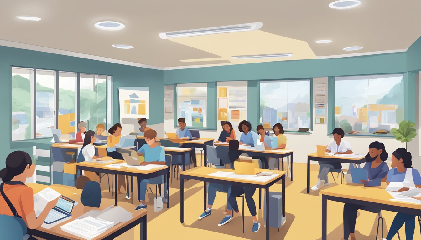 A bustling confidence tuition centre with students engaged in learning, surrounded by helpful staff and informative materials