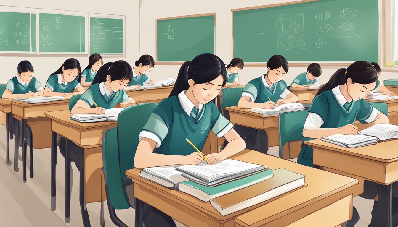 A group of Hua Chinese students sit at desks, studying with textbooks and writing notes. The classroom is bright and organized, with a whiteboard at the front