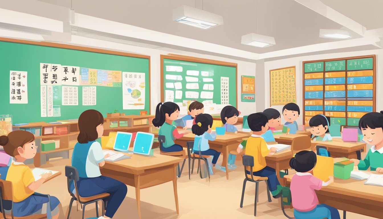 A classroom filled with colorful Chinese language materials and students engaged in interactive learning activities at Hua Chinese Tuition