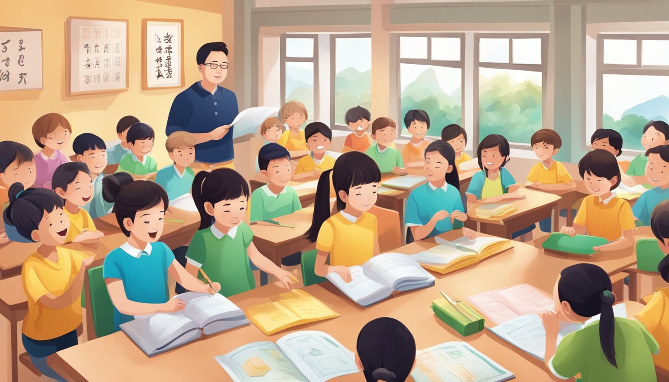 A group of students eagerly participate in a dynamic Chinese language lesson, surrounded by colorful teaching materials and engaging learning activities