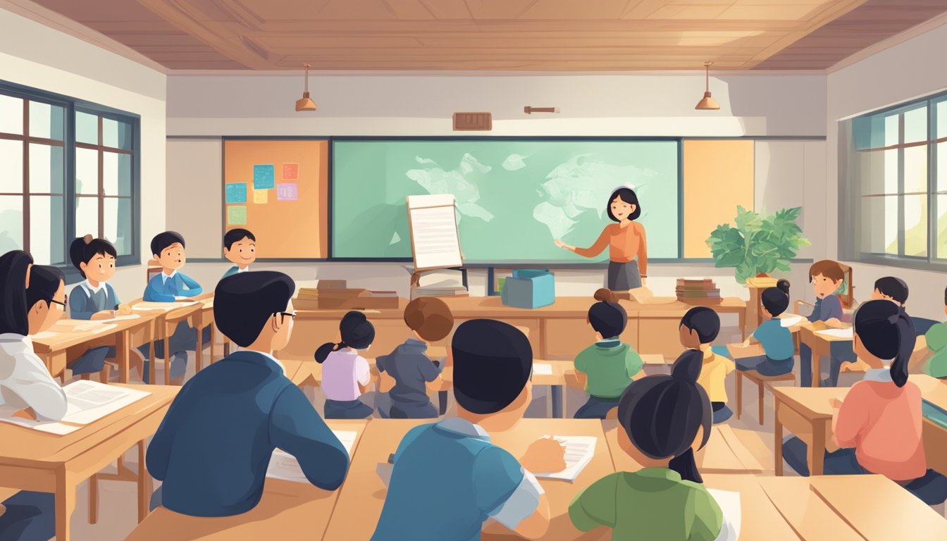 A classroom with students and a teacher discussing Chinese language concepts