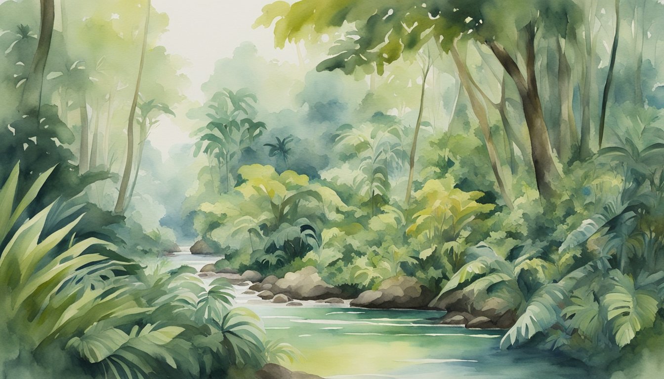 Lush rainforest teeming with diverse wildlife and vibrant plant life, with a clear stream flowing through the dense foliage.</p><p>The scene exudes an atmosphere of conservation and sustainability