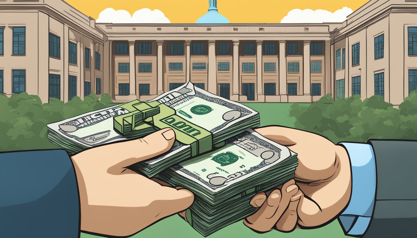 A stack of cash being handed over to a university with a large "MIT Undergraduate Tuition" sign in the background