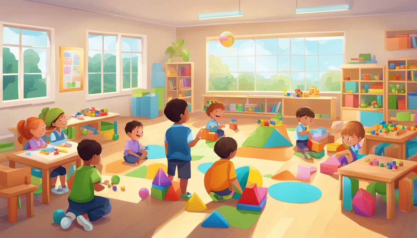 Children playing with colorful toys in a bright, spacious classroom with a teacher guiding them in pre-primary tuition
