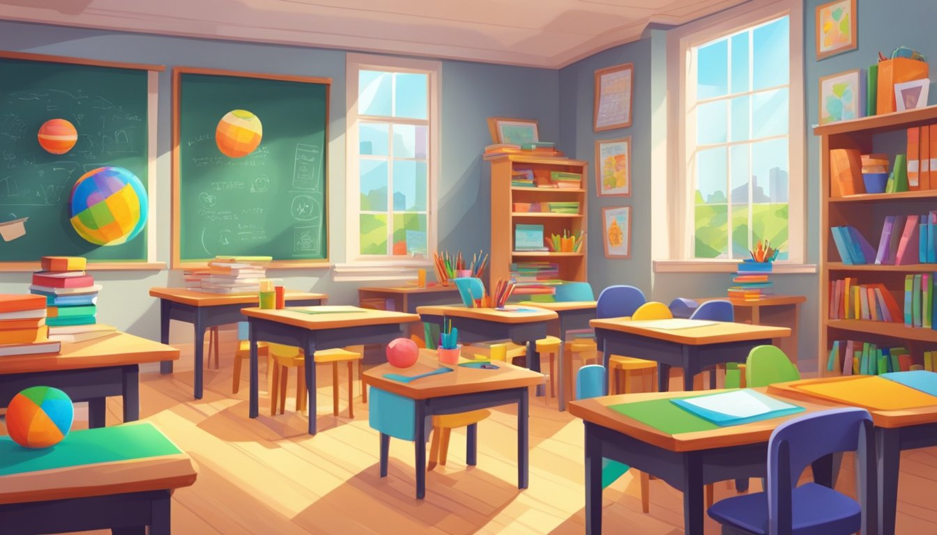 Colorful classroom with small desks, toys, and educational posters. Brightly lit with large windows and cheerful decor. A teacher