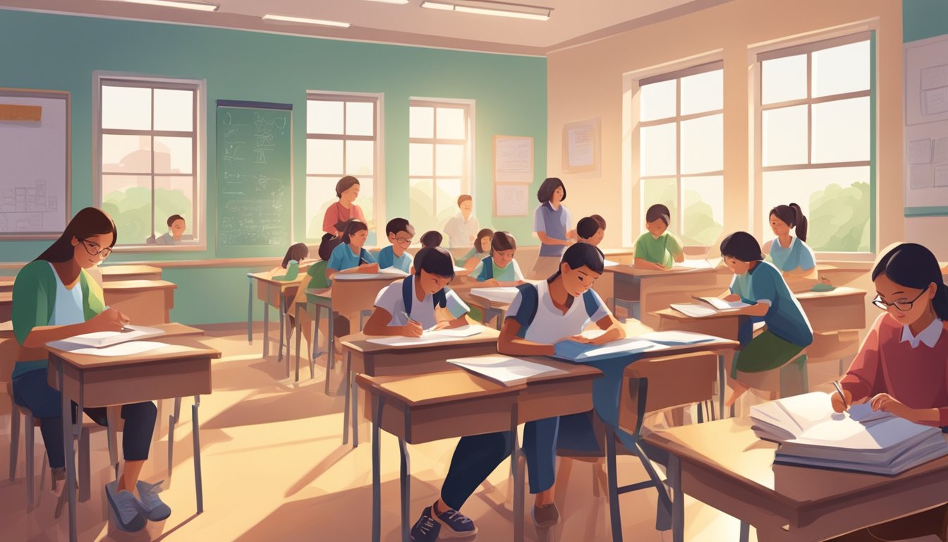 A bustling tuition center with students studying and teachers instructing in a brightly lit classroom