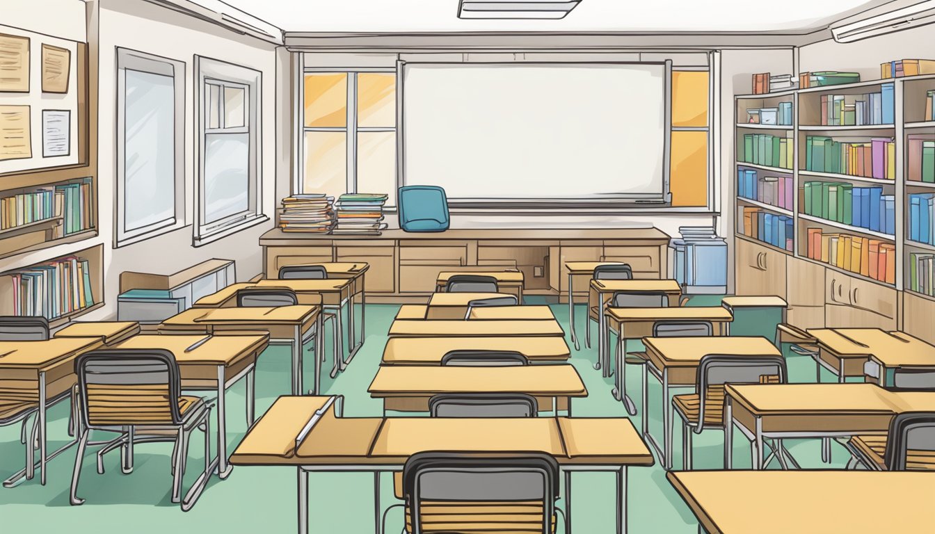 A classroom with textbooks, whiteboard, and educational materials at Steven Tuition Centre