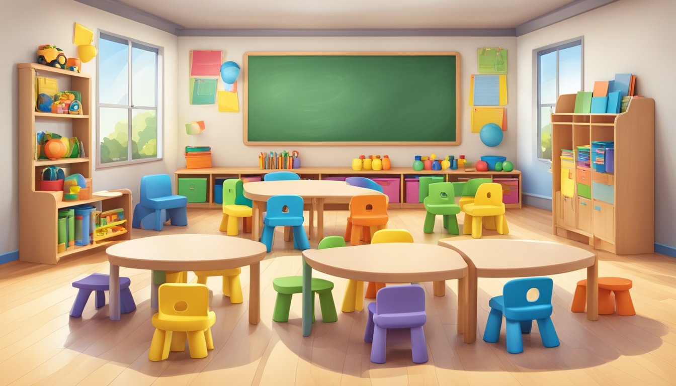 A colorful classroom with toys and educational materials. Small tables and chairs arranged in a circle for group activities. A bulletin board displays the curriculum and progression for pre-primary tuition