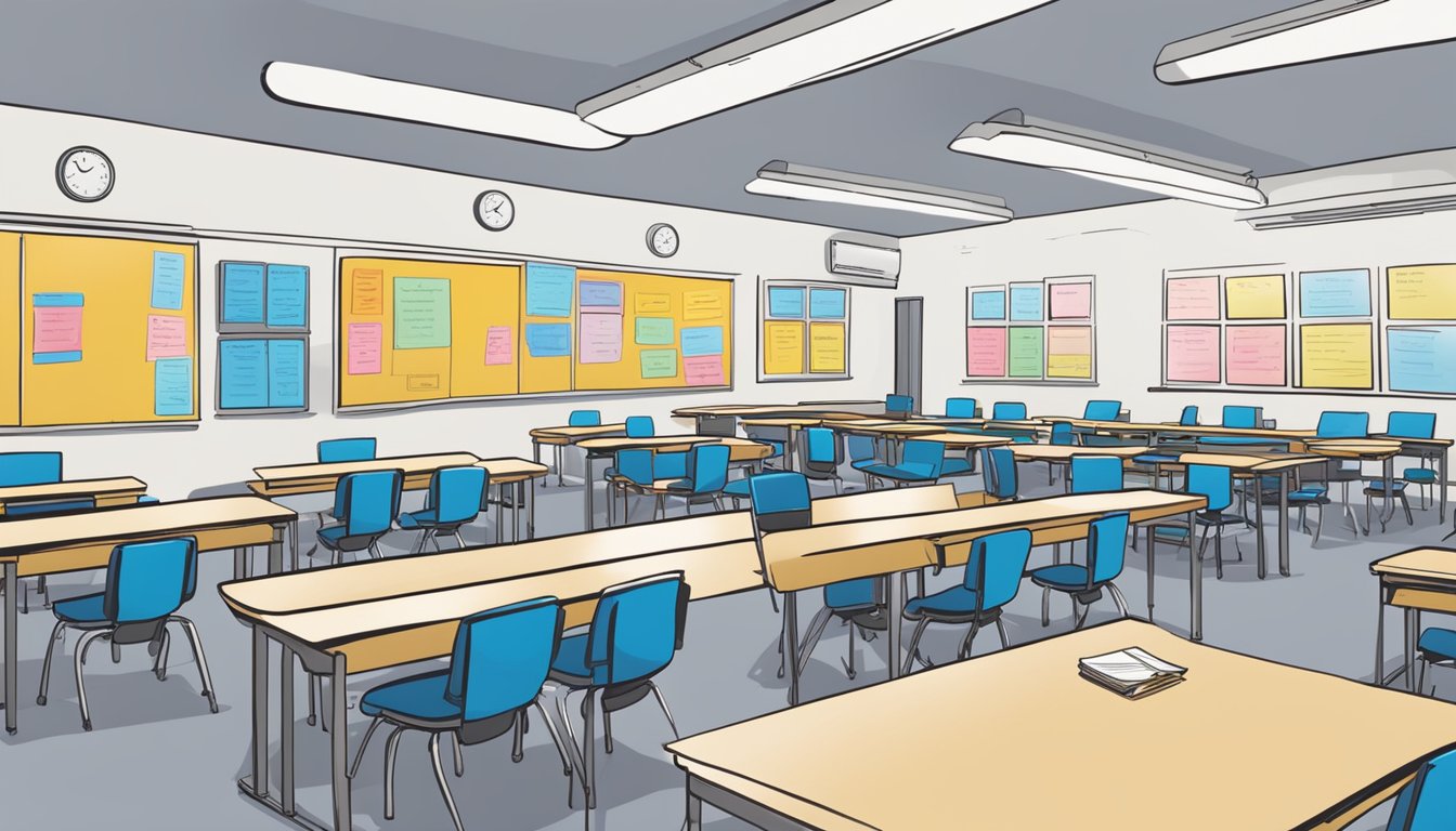 A brightly lit classroom with rows of desks and whiteboards, displaying the words "Operational Excellence" and "Steven Tuition Centre."