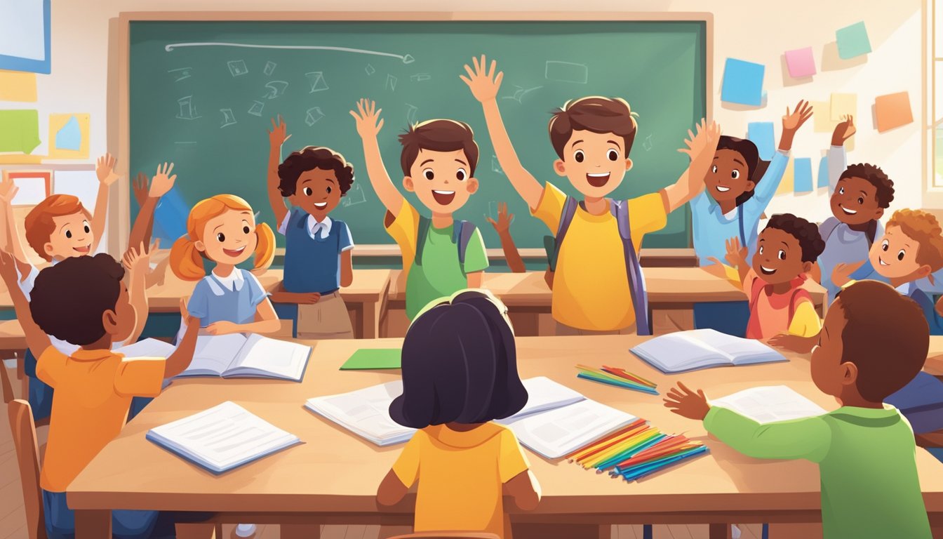A group of young children eagerly raising their hands, surrounded by colorful educational materials and a teacher ready to answer their questions
