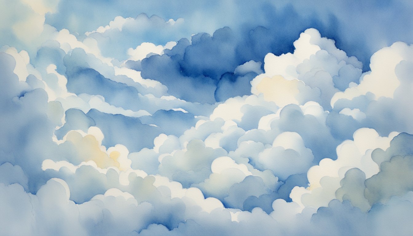 Fluffy white clouds drift lazily across a bright blue sky, occasionally merging and changing shape as they move