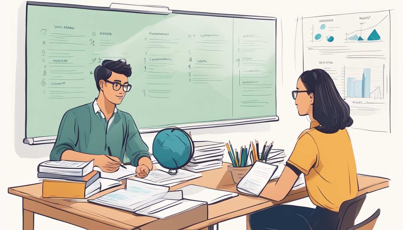POA Home Tuition: Boost Your Accounting Grades with Personalised Lessons A student sits at a desk with POA textbooks and notes, while a tutor points to a financial statement on a whiteboard during a home tuition session