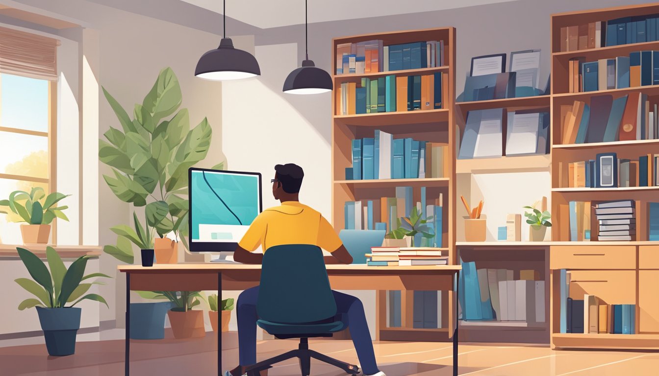 POA Home Tuition: Boost Your Accounting Grades with Personalised Lessons A bright, welcoming study area with books, a desk, and a computer. A tutor and student engage in interactive learning