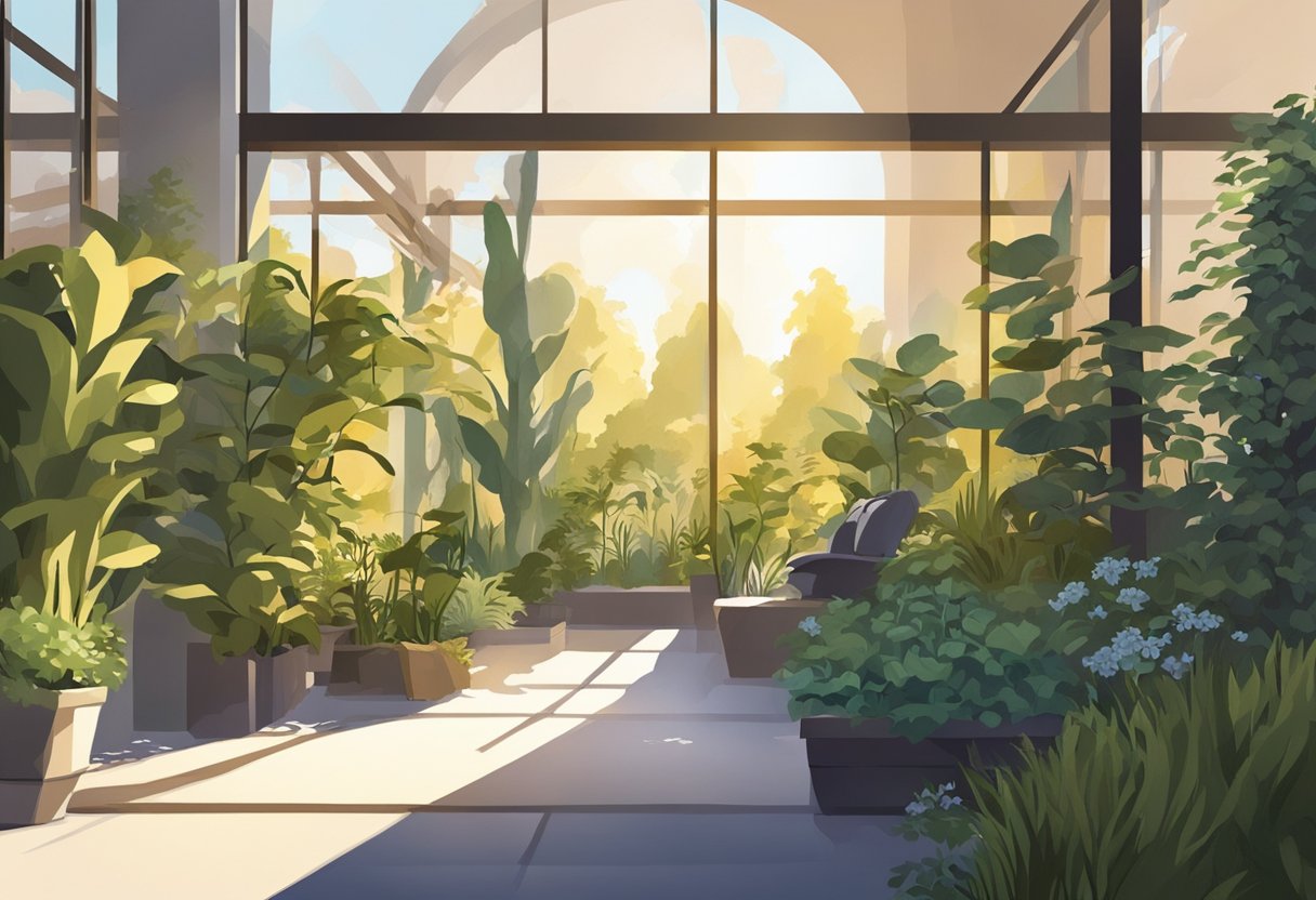 A sunlit garden with shadows cast to the north, plants thriving in direct sunlight, and minimal shade throughout the day
