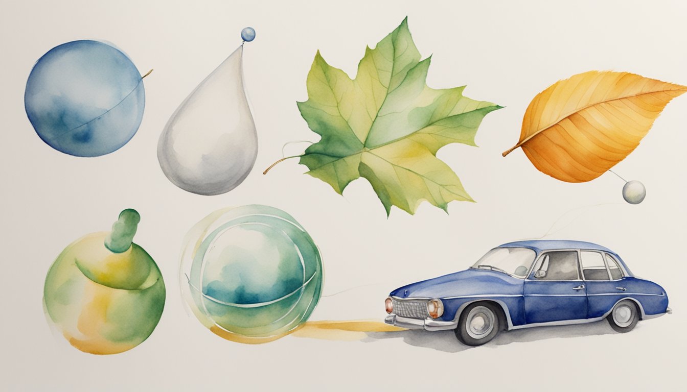 Objects in motion: a rolling ball, a swinging pendulum, a moving car, a falling leaf, a spinning top