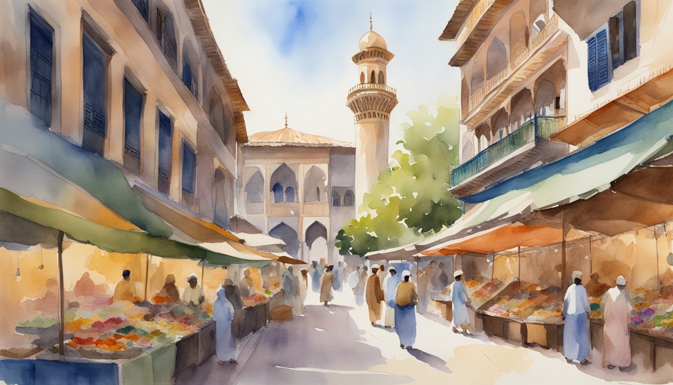 Vibrant market square with intricate architecture and colorful textiles, showcasing Moorish influence