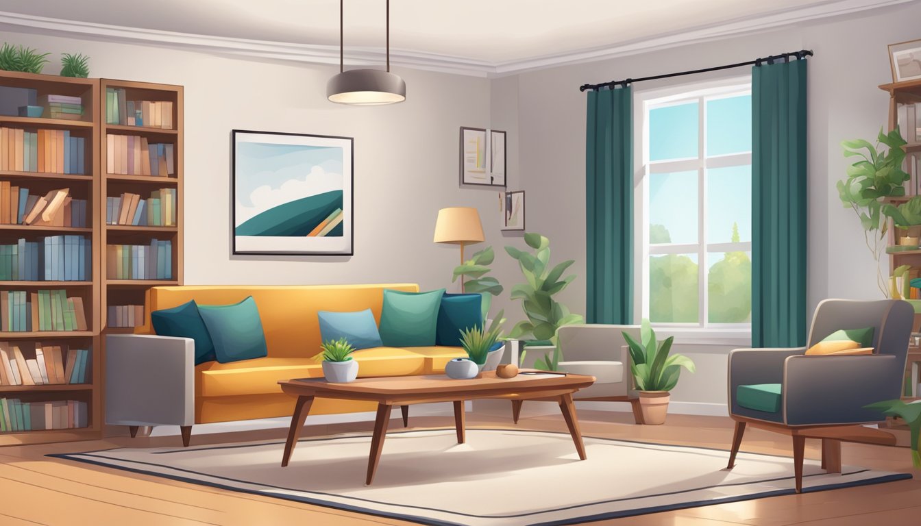 A cozy living room with a small table, chairs, and a bookshelf. A desk with educational materials and a whiteboard for teaching