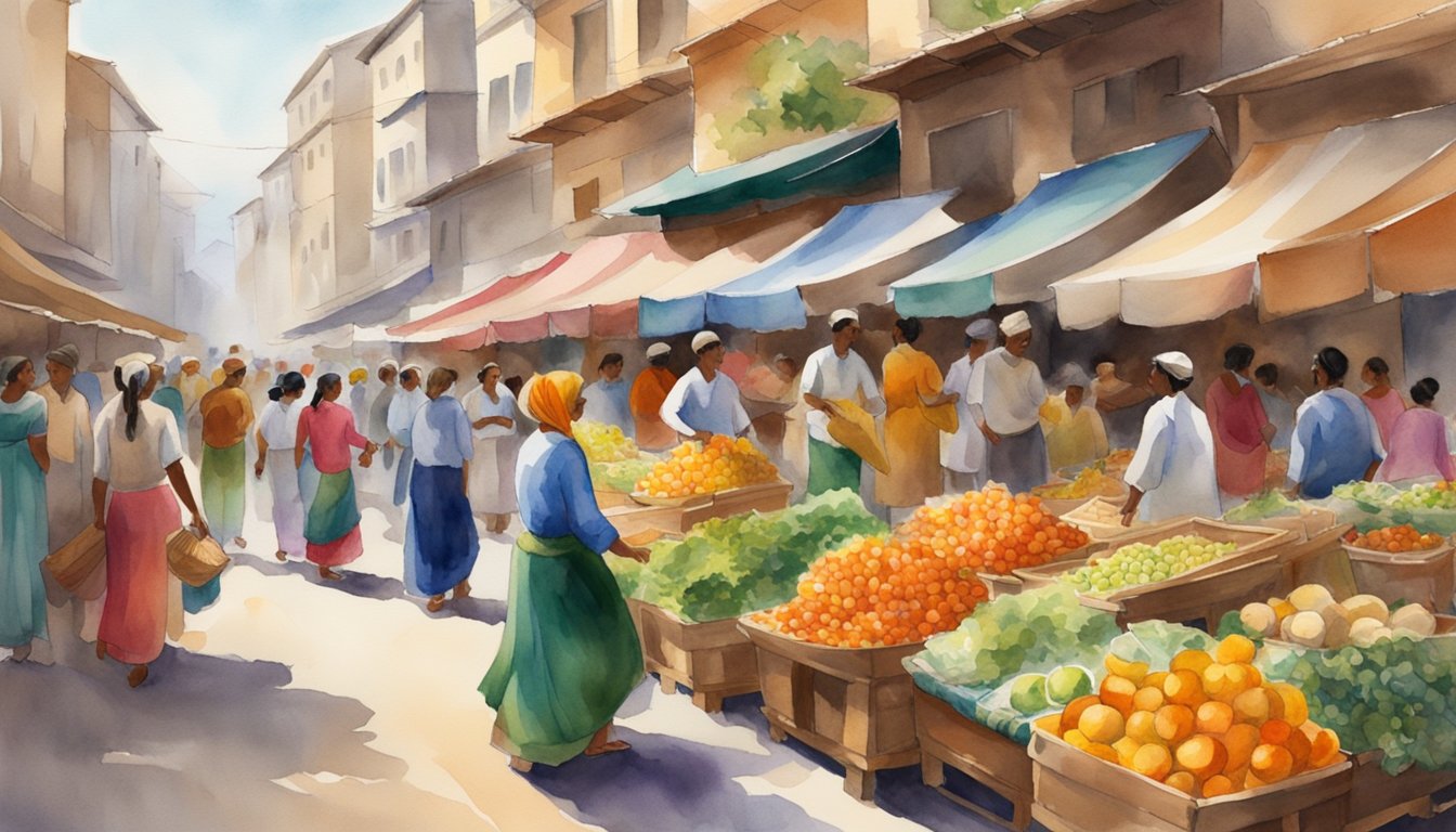 A bustling market with colorful textiles and fresh produce, set against a backdrop of traditional music and dance