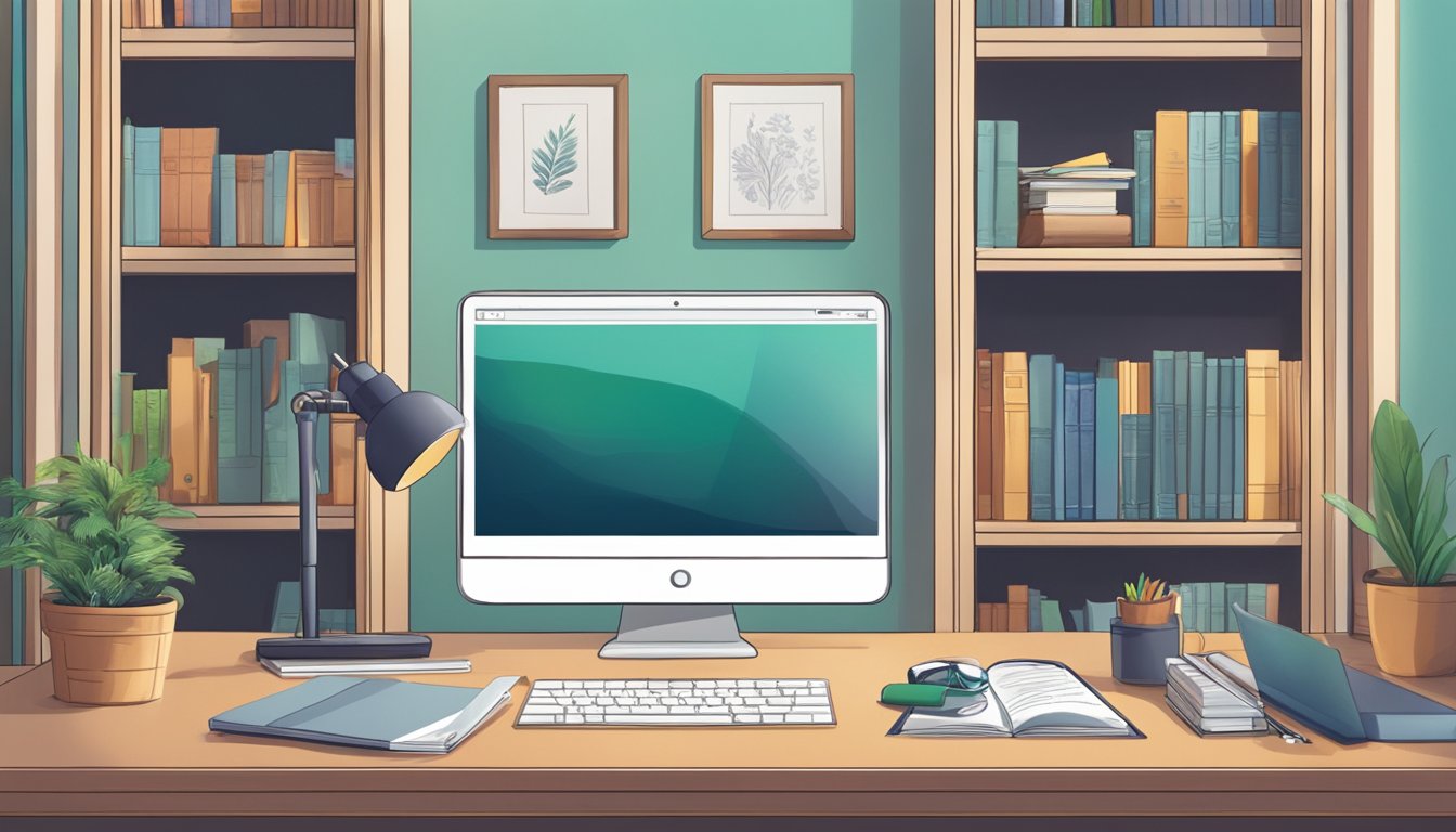 A bright, cozy study room with a desk, chair, and bookshelf. A laptop displaying "Unlocking Potential with AEIS Home Tuition" on the desk