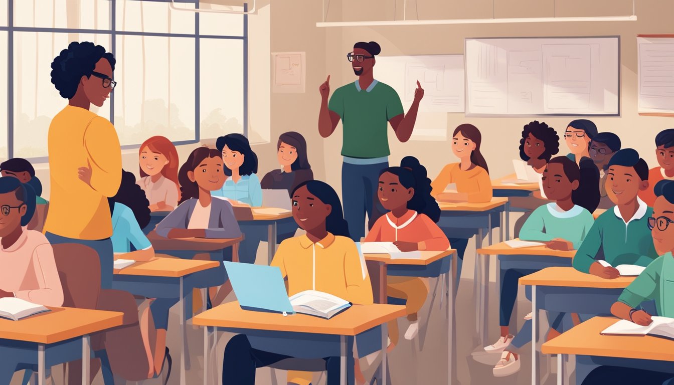 A diverse group of students in a classroom, eagerly engaging with their teacher and confidently participating in discussions. The atmosphere is vibrant and supportive, with a sense of determination and enthusiasm for learning