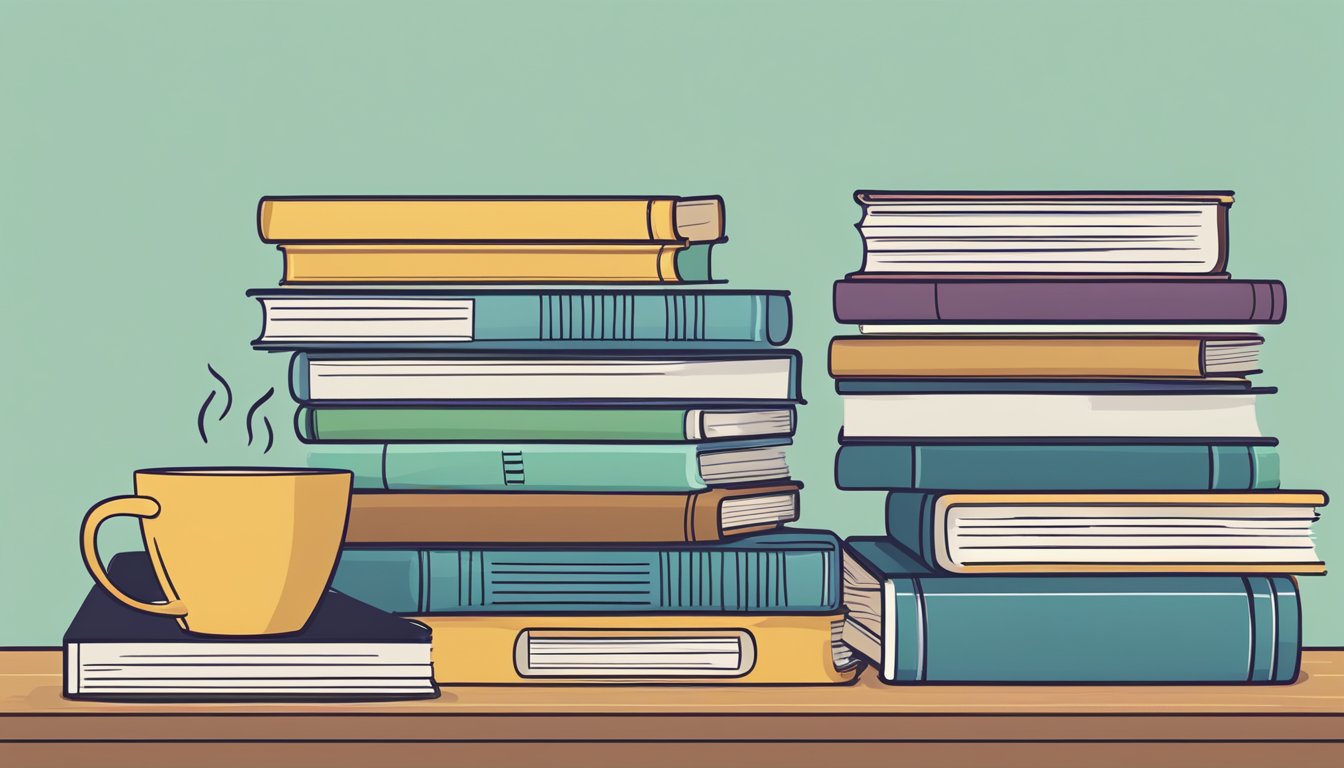 A stack of books with "Frequently Asked Questions" on top, next to a laptop and a cup of coffee