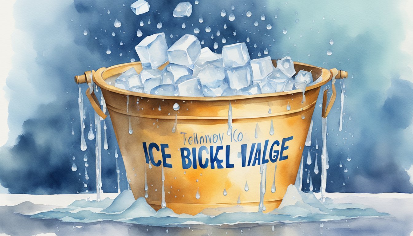 A bucket of ice water being poured over a large, bold text that reads "Ice Bucket Challenge" with water droplets splashing in all directions