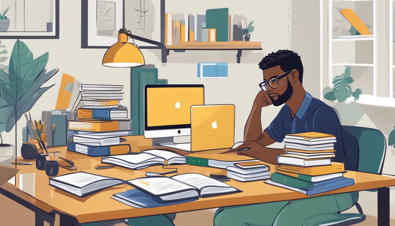 A student sits at a desk, surrounded by books and a laptop, calculating UCF tuition and room and board expenses