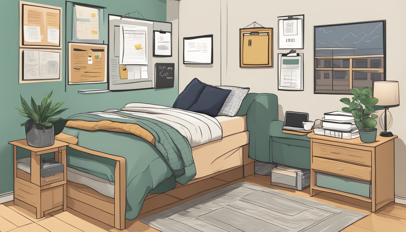 A cozy dorm room with a desk, bed, and personal belongings. A meal plan card and UCF tuition bill on the desk