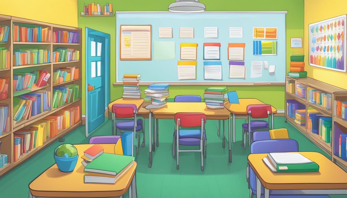 A bright classroom with colorful walls and shelves filled with books and educational materials. A whiteboard at the front displays the word "VitaminDz Tuition" in bold letters