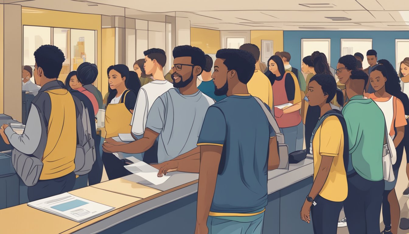Students lining up at a university cashier, asking about UCF tuition, room, and board