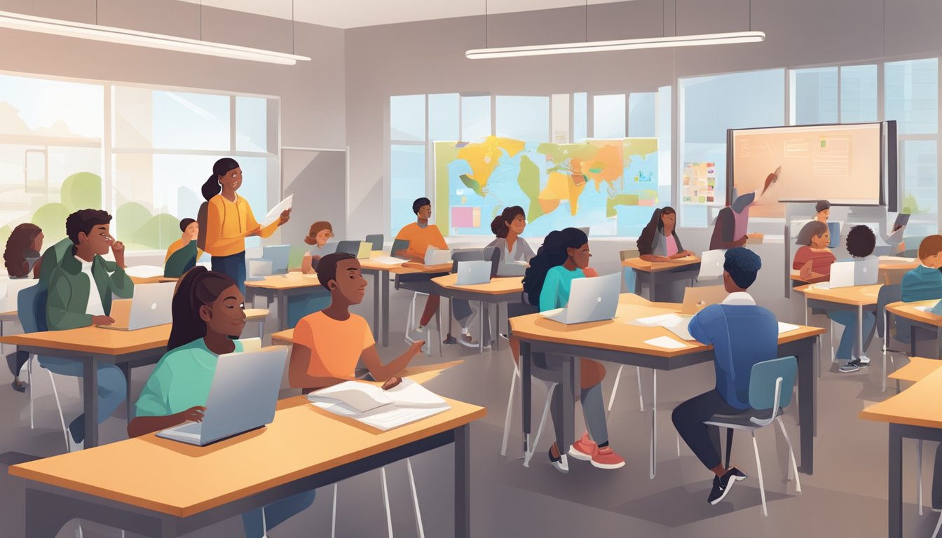 A diverse group of students engaged in interactive learning activities in a modern classroom setting