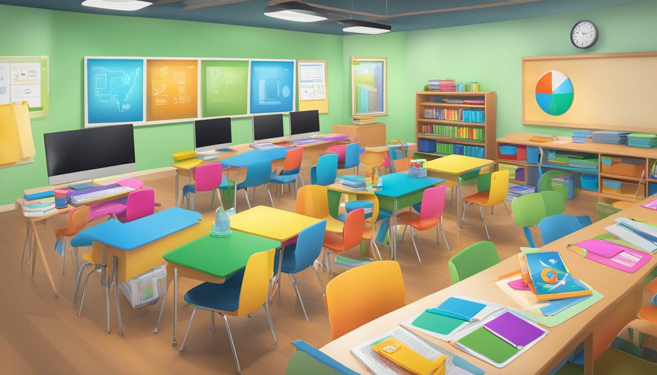 A classroom filled with colorful educational materials and technology, with the Vitamindz Tuition logo prominently displayed