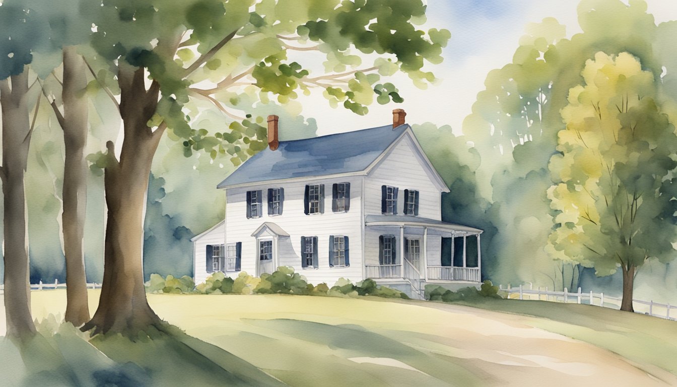 John Adams' childhood home, surrounded by fields and forests, with a schoolhouse in the distance