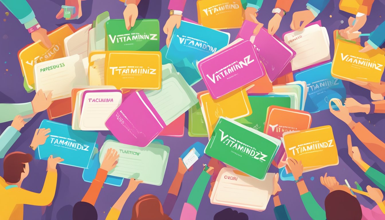 A stack of colorful FAQ cards with "Vitamindz Tuition" logo, surrounded by curious students and a helpful teacher