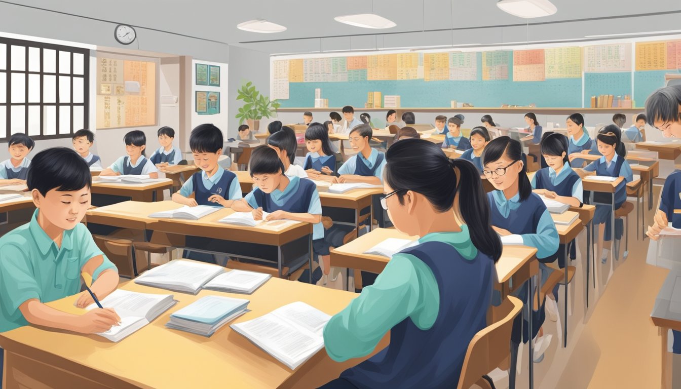 Master Chinese with Tiong Bahru's Best Tuition Classes A bustling Chinese tuition center in Tiong Bahru, with students studying diligently and teachers providing guidance