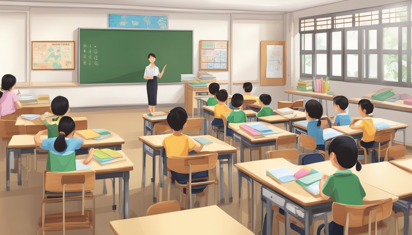 Master Chinese with Tiong Bahru's Best Tuition Classes A classroom in Tiong Bahru with Chinese teaching materials, whiteboard, and students