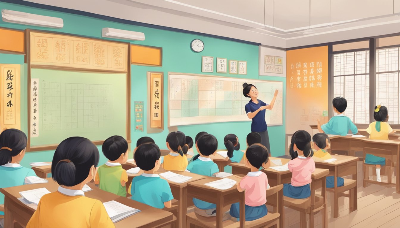 Master Chinese with Tiong Bahru's Best Tuition Classes A vibrant classroom with Chinese characters on the walls, a teacher explaining, and students engaged in learning at a Chinese tuition center in Tiong Bahru