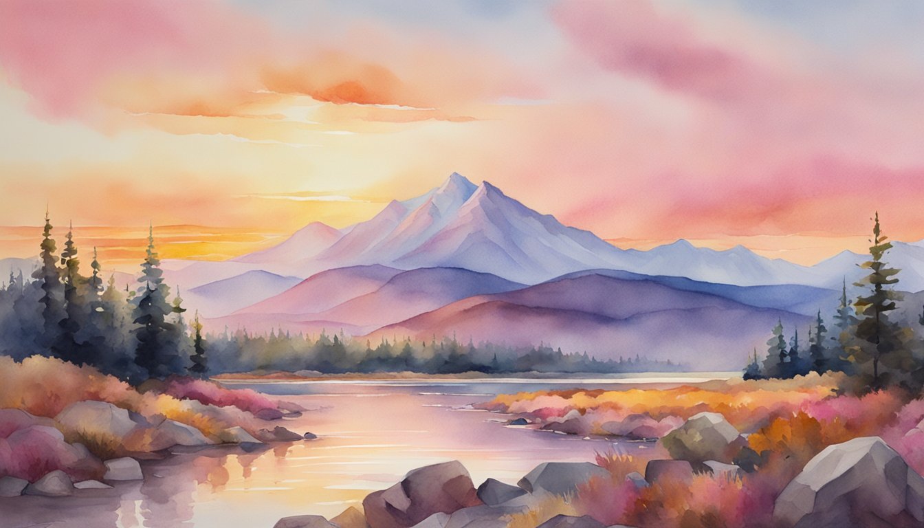 A vast, rugged landscape bathed in warm, golden sunlight.</p><p>A majestic mountain range looms in the distance, while a tranquil river winds its way through the foreground.</p><p>The sky is painted with vibrant hues of pink and orange, creating a mesmerizing