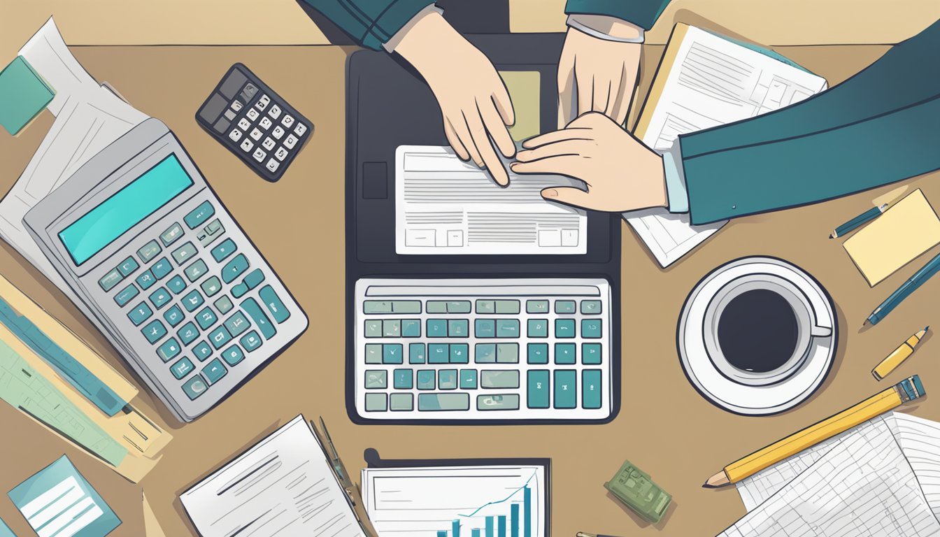 The scene depicts a student researching Cooper Union tuition online, with a calculator and financial documents spread out on a desk
