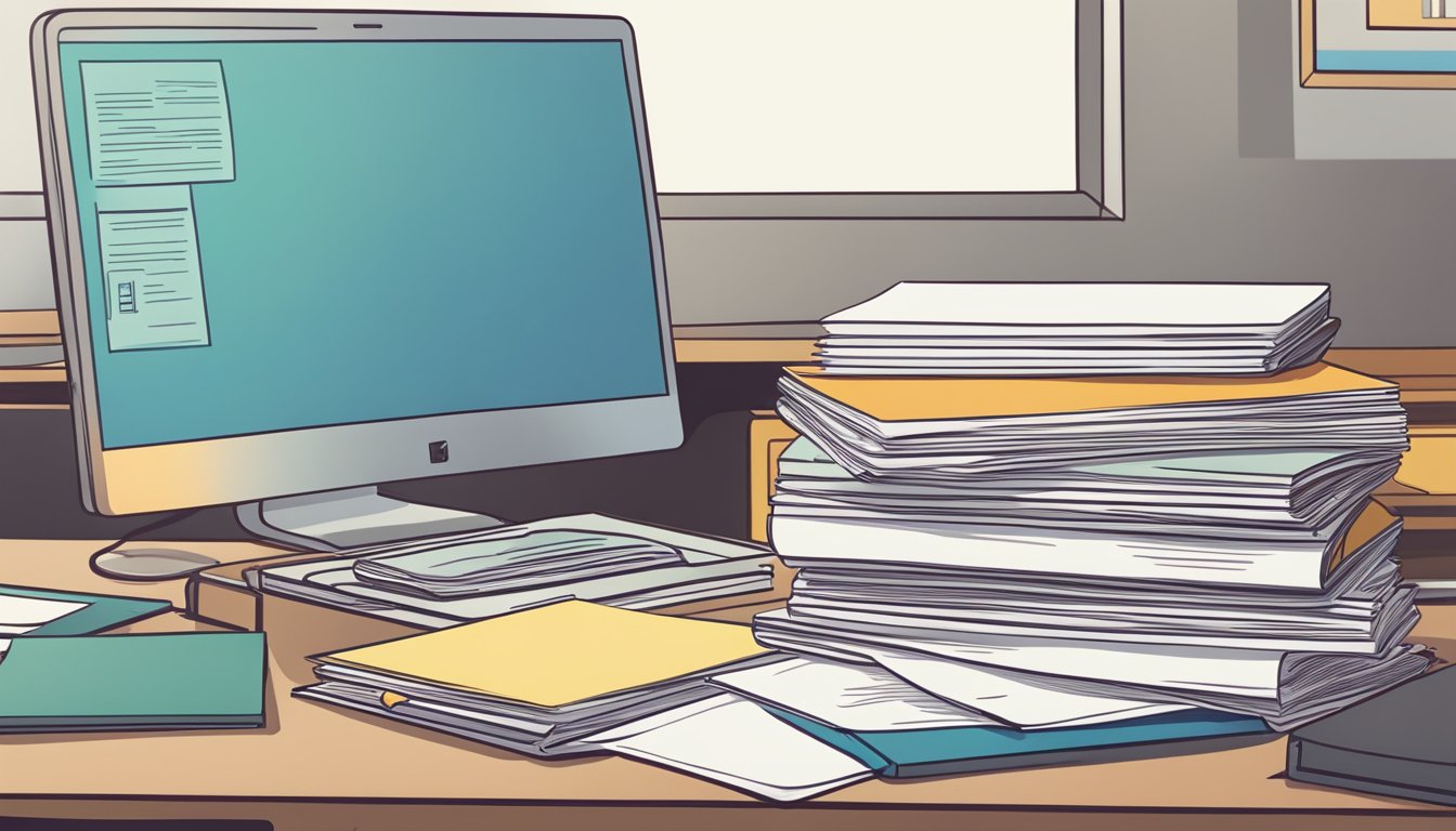 A stack of papers labeled "Frequently Asked Questions - Cooper Union Tuition" sits on a desk, surrounded by a computer, pen, and open book