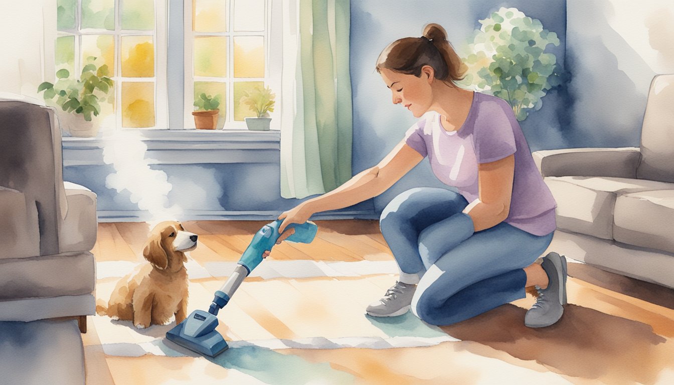 A person sprays air freshener and vacuum carpets to remove dog smell from the house