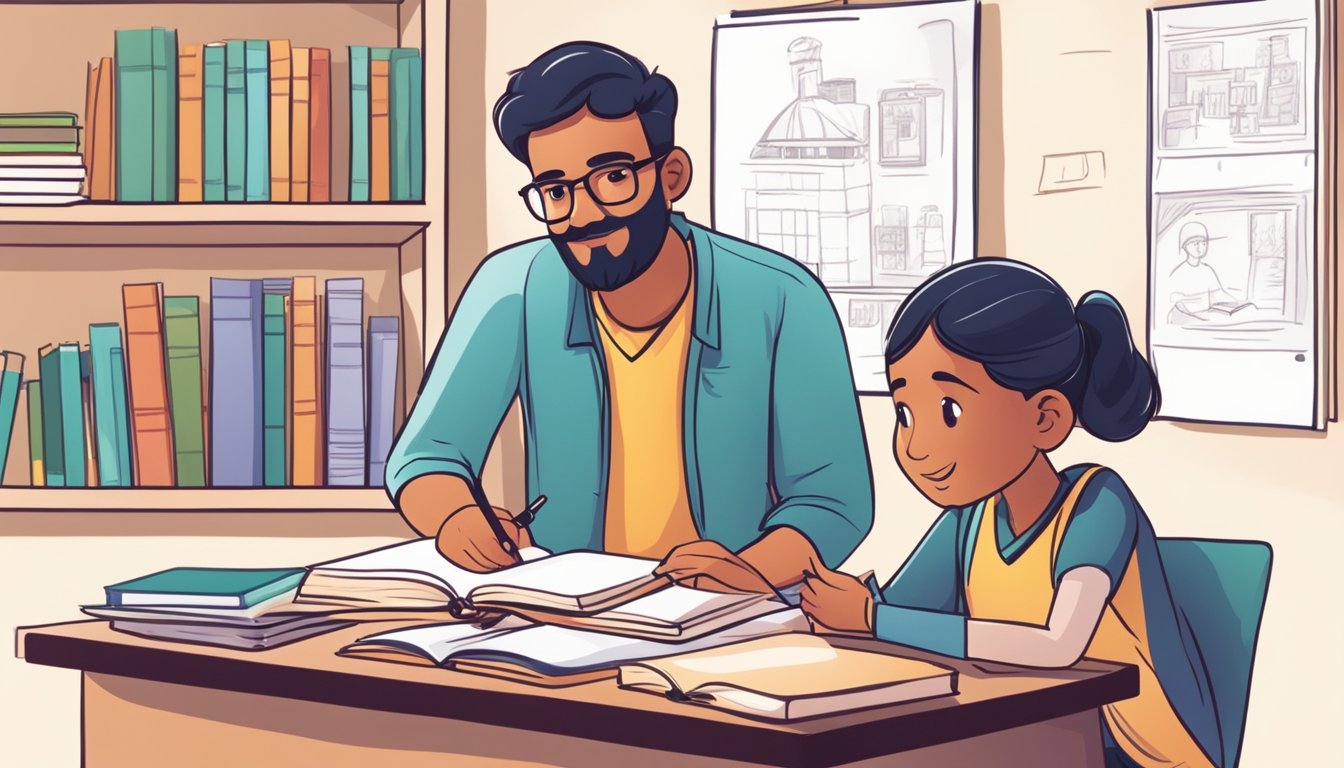 A student sits at a desk with textbooks and notebooks, while a tutor stands nearby explaining a concept. A whiteboard displays examples in Hindi