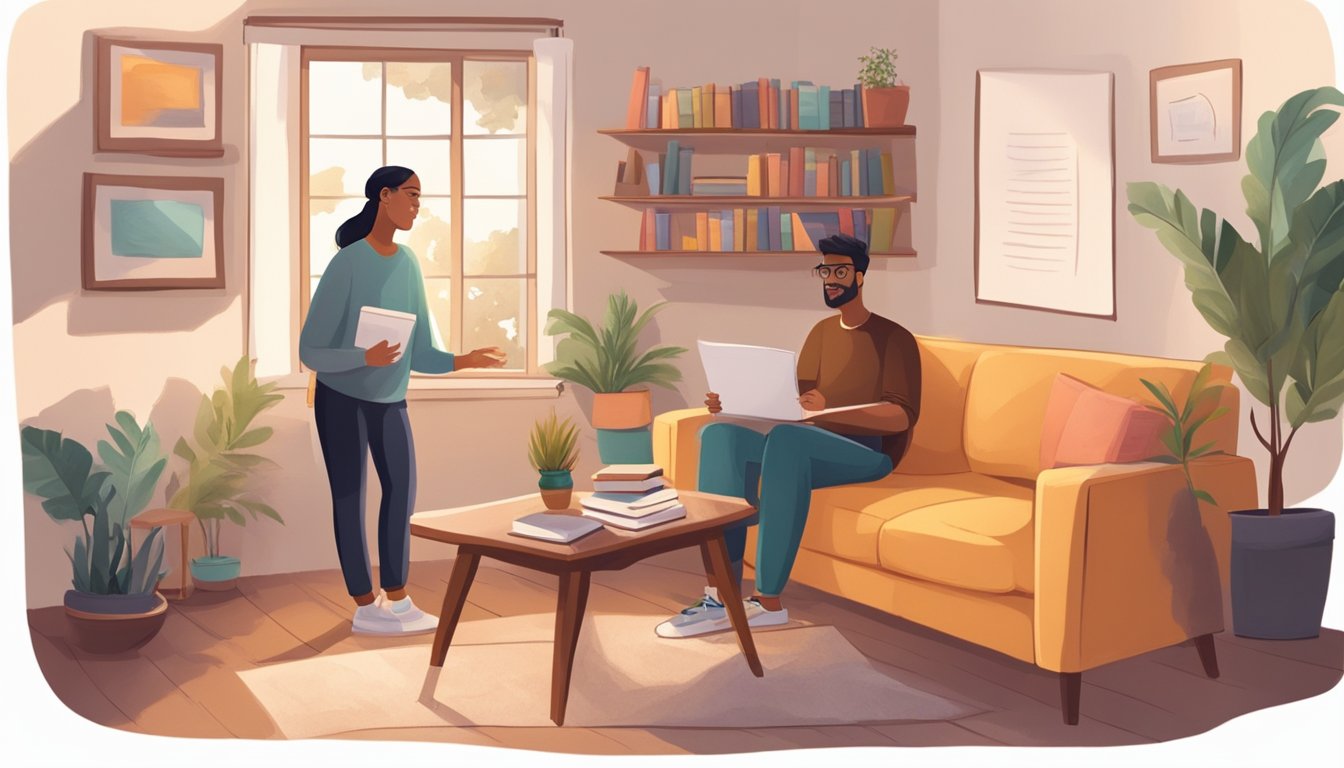 A cozy living room with books, a whiteboard, and a table set up for one-on-one learning. A tutor and student engage in a Hindi lesson