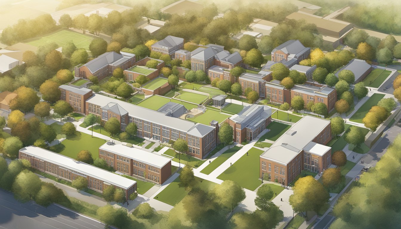 Aerial view of Horace Mann School campus with buildings, sports fields, and students. Trees and greenery surround the area