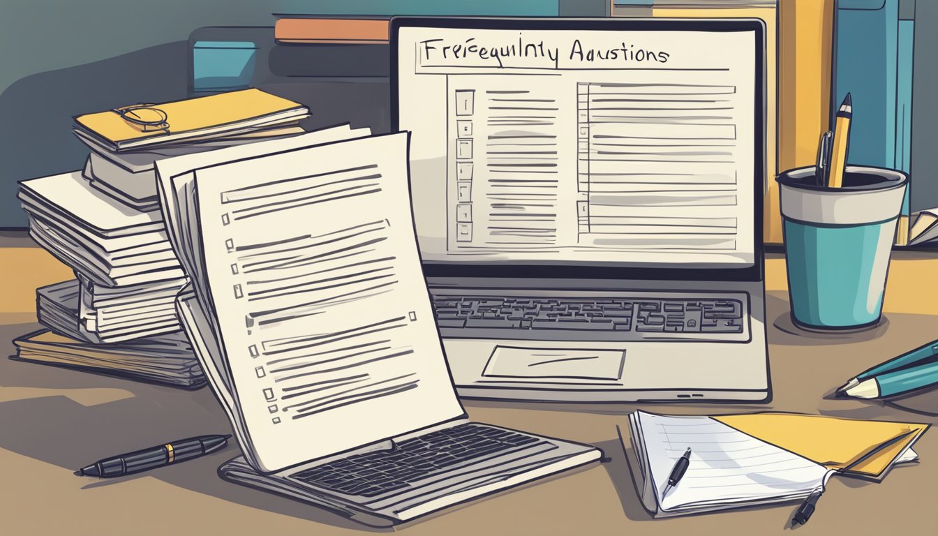 A stack of papers with "Frequently Asked Questions" and "Horace Mann Tuition" printed on them, surrounded by a computer, pen, and notebook