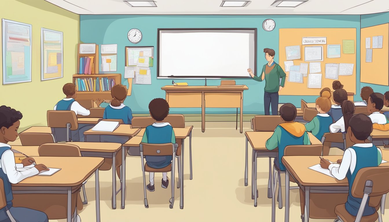 A small classroom with desks and chairs, a whiteboard at the front, and educational posters on the walls. A tutor stands at the front, teaching a group of students