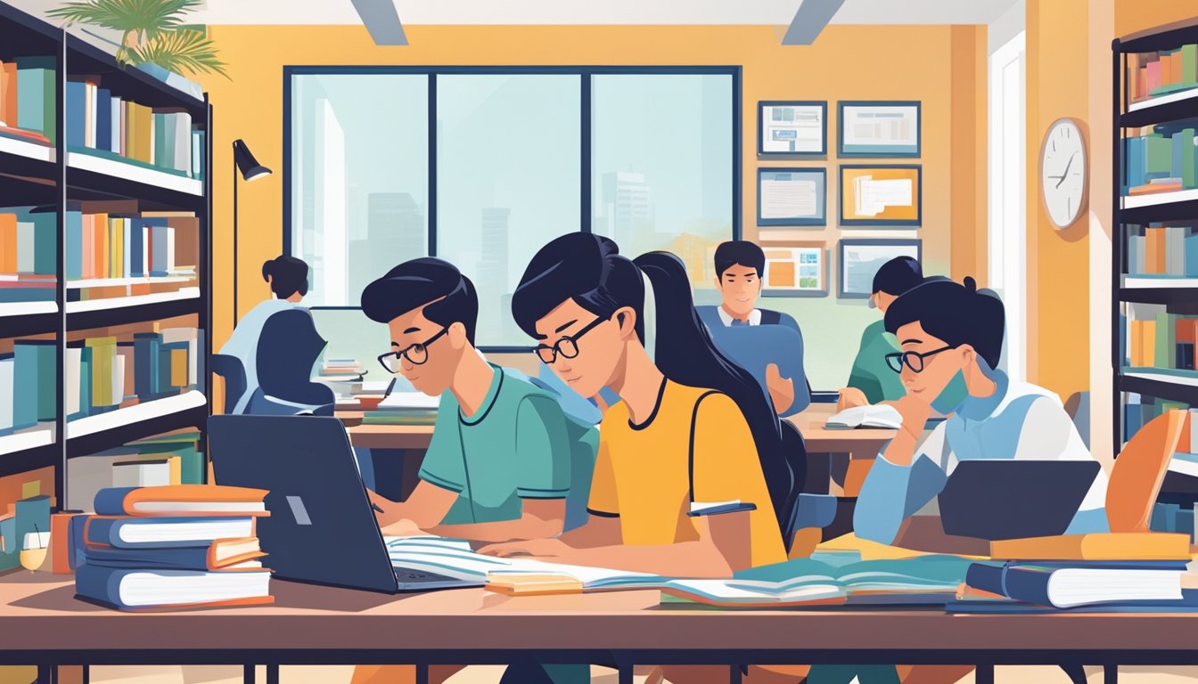 Students researching part-time tuition options in Singapore, surrounded by books, laptops, and study materials. Bright, modern setting with a focus on learning and education