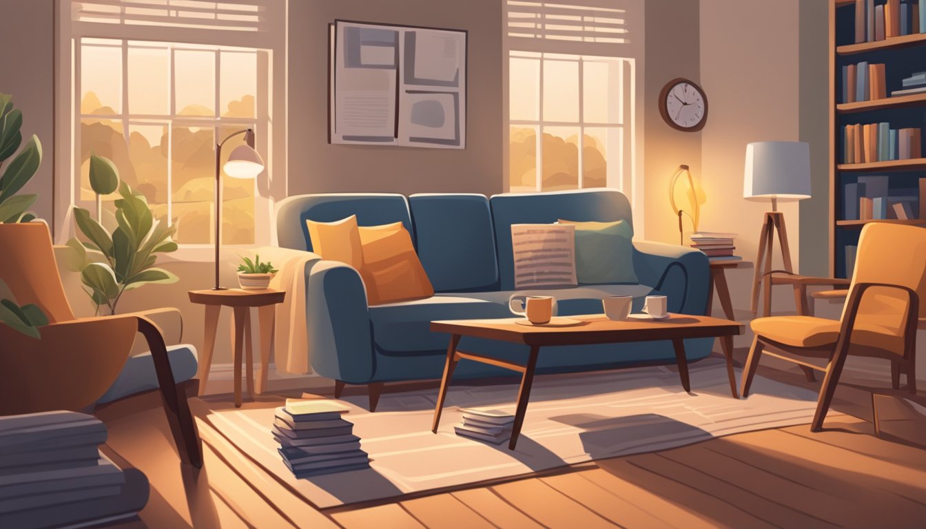 A cozy living room with a table set up for tutoring, featuring books, a laptop, and educational materials. A warm and inviting atmosphere with soft lighting and comfortable seating