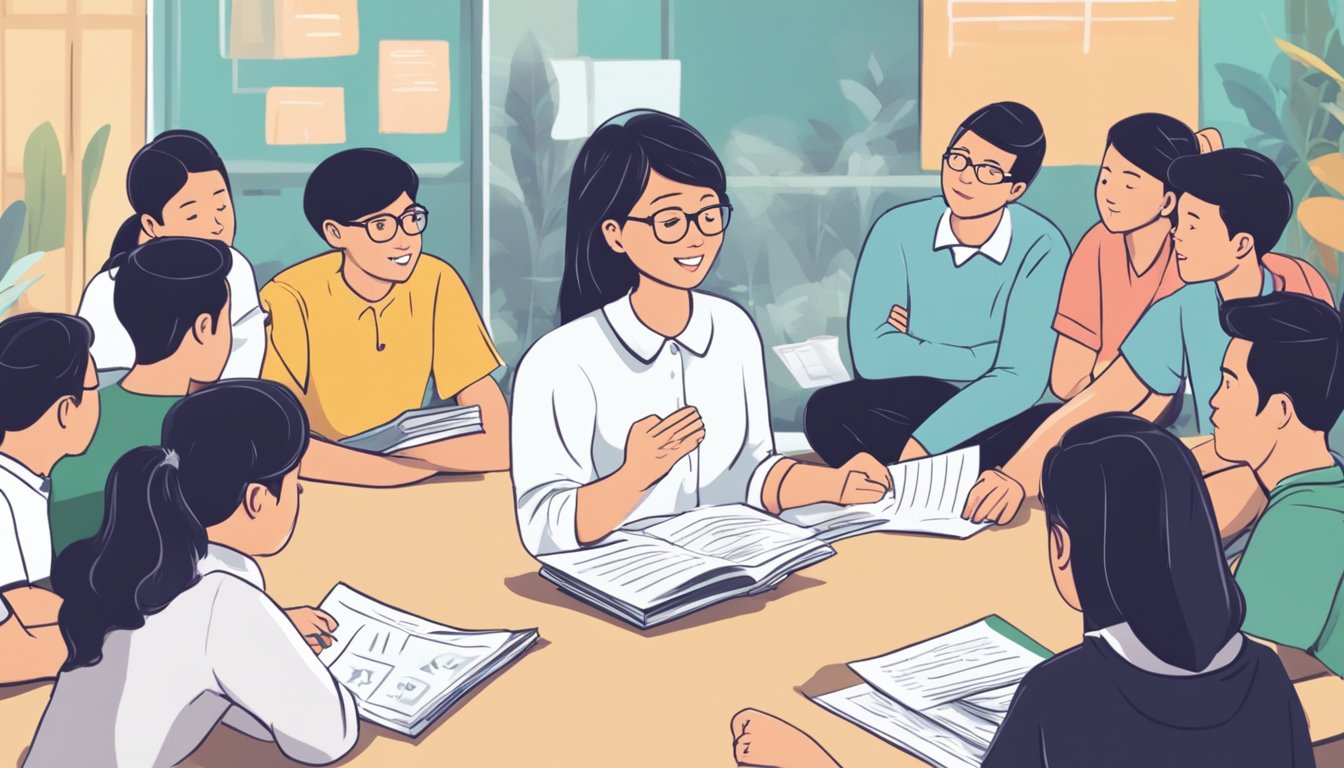 Students gather around a teacher, asking questions about part-time tuition in Singapore. The teacher holds a stack of papers with "Frequently Asked Questions" printed on top