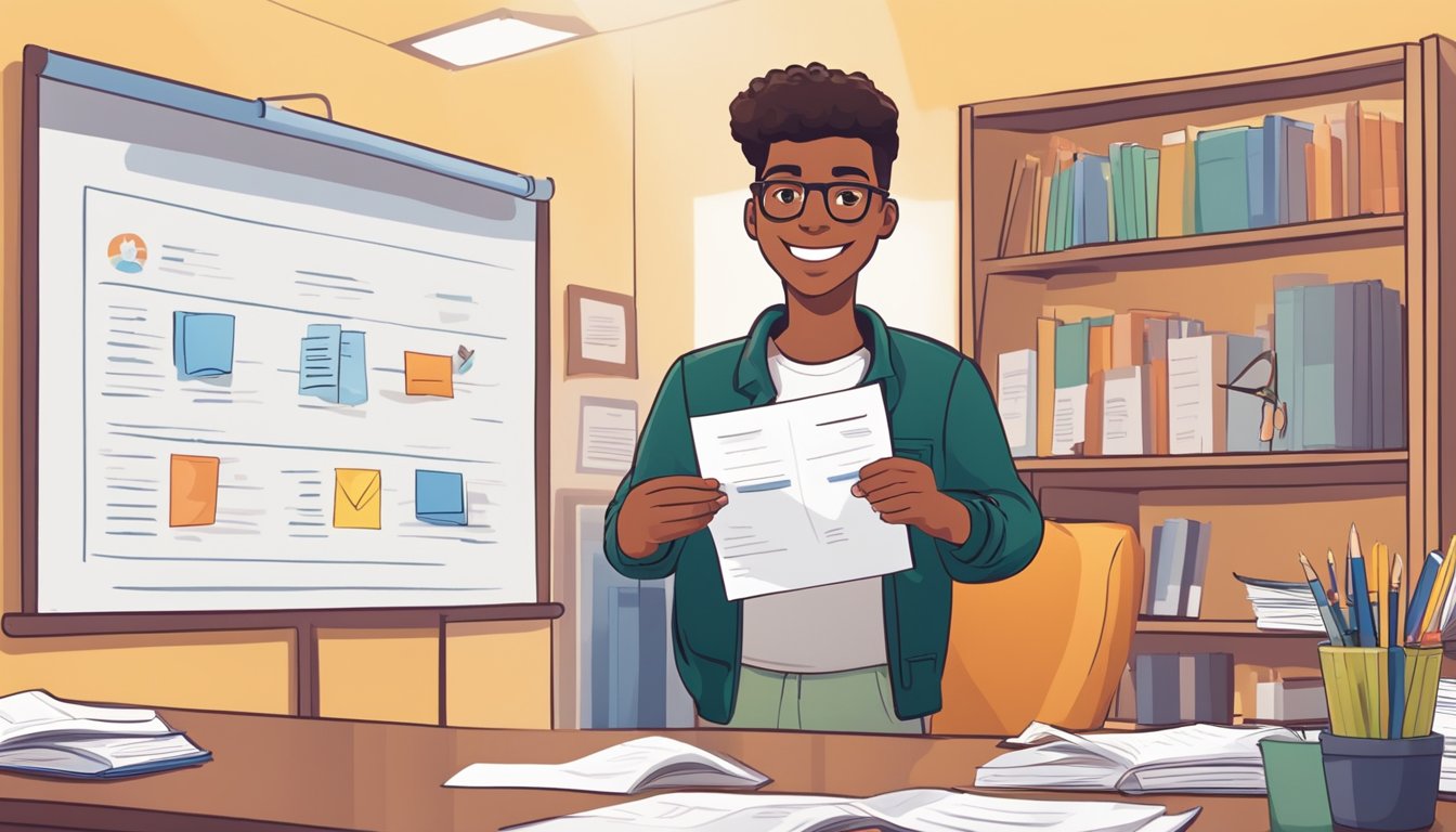 A smiling student holds up a report card with straight A